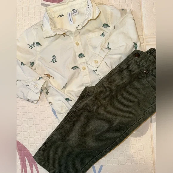 Like New Janie and Jack 2 Piece Boys Dinosaur Button Down w Green Corduroy Pants - Picture 9 of 14